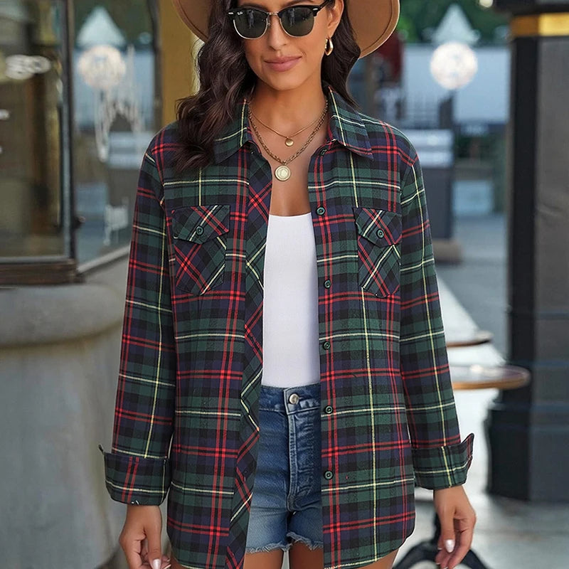 Women's Plaid Flannel Shirt Casual Long Sleeve Button Down Blouse Loose Fit Plaid Top For Spring Fall Daily Wear