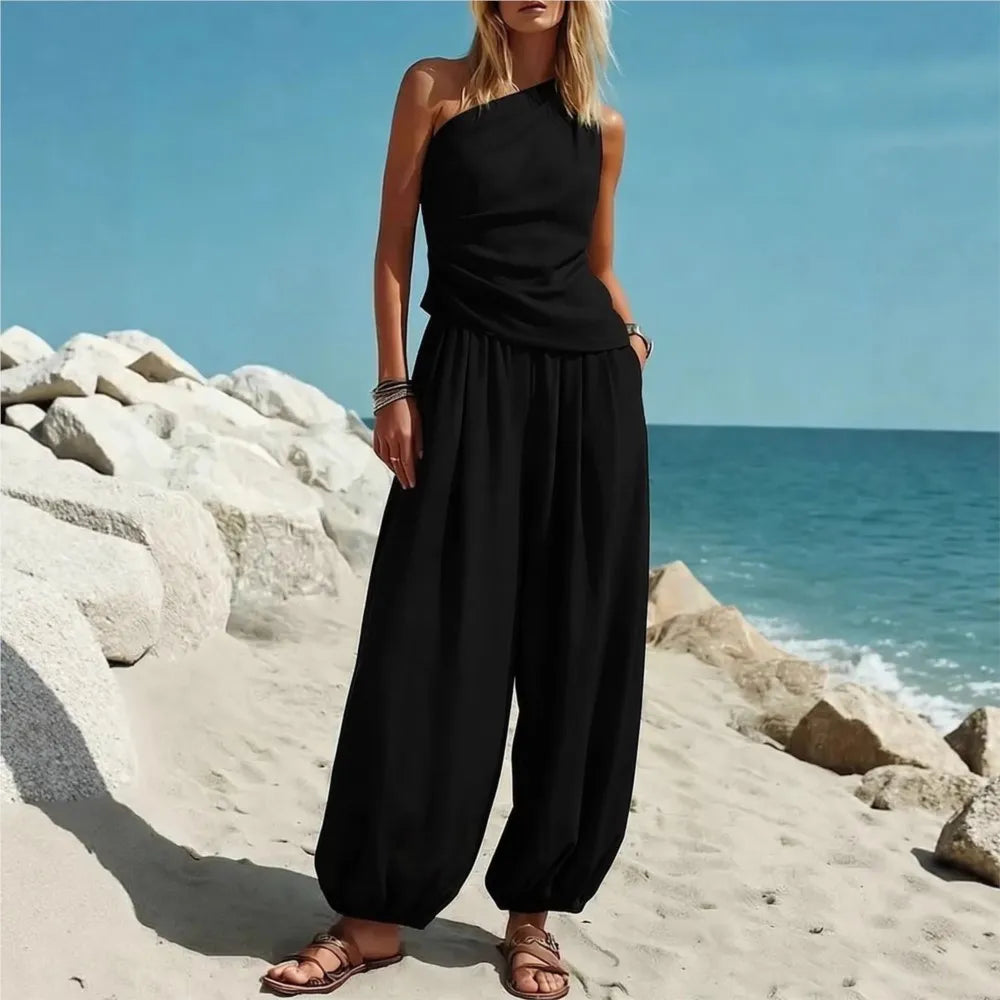 Fashion Slanted Shoulder Sleeveless Women's Tops Trousers 2 Piece Set Summer Casual Loose Wide-leg Trousers Female Vacation Set