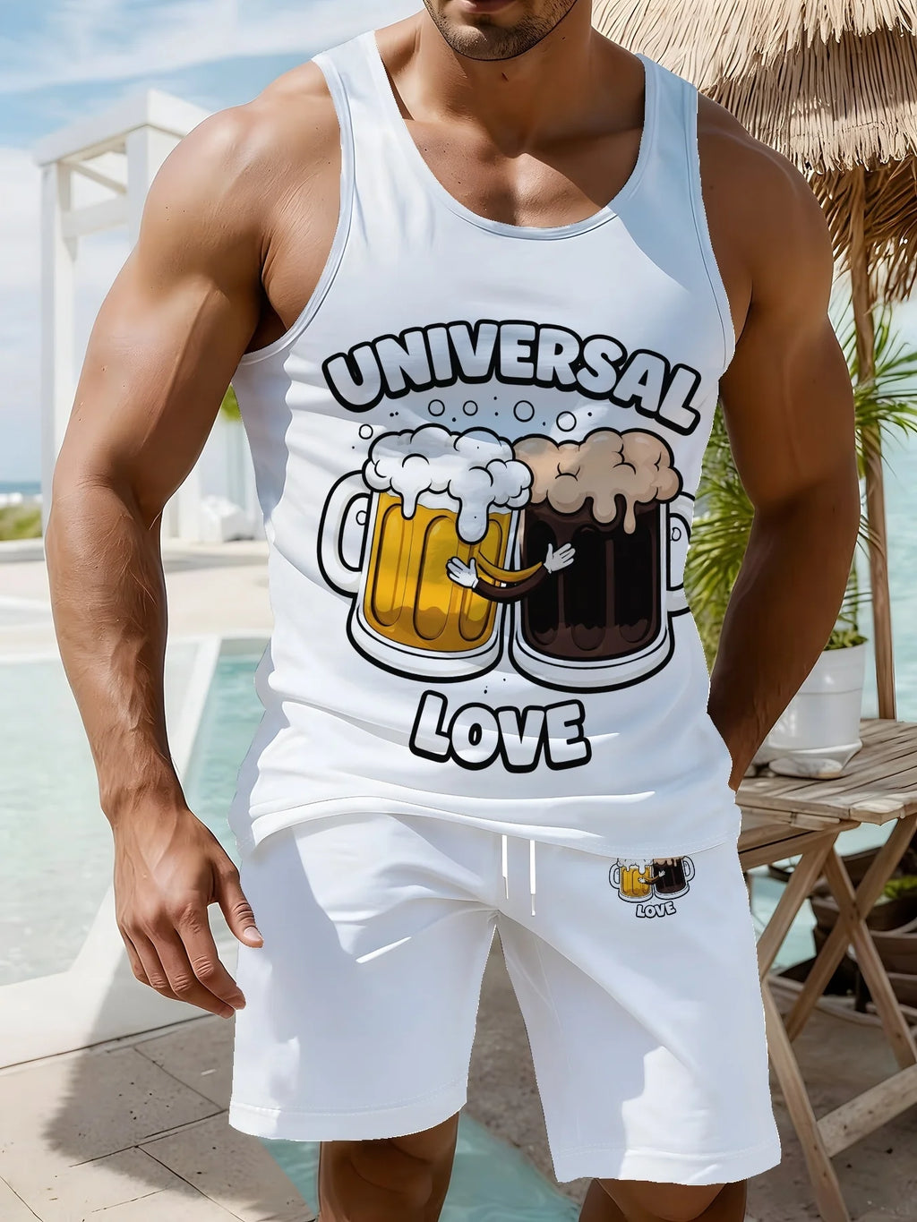 Fun Beer Quick-Dry Sports Two-Piece Set: Breathable Sleeveless Top and Beach Shorts for Men Including Beer Mug