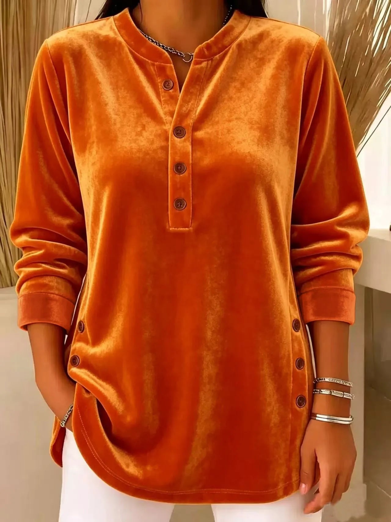 Women's Winter Blouse Longsleeve Velvet V Neck T Shirt Casual Split Hem Patchwork Top Light Blue Dusty Pink Lavender Purple