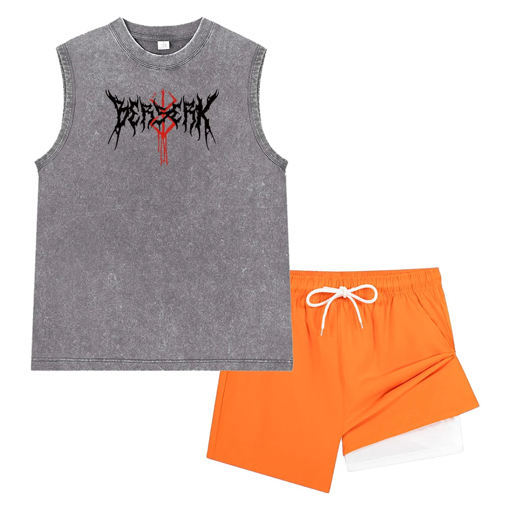 Men Vintage Washed Sleeveless Tank Top Double Layer Compression Liner Drawstring Beach Shorts Spiky Blackmetal Typography Print