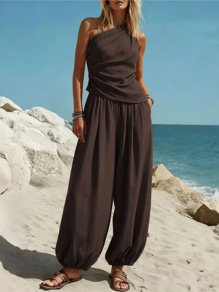 Fashion Slanted Shoulder Sleeveless Women's Tops Trousers 2 Piece Set Summer Casual Loose Wide-leg Trousers Female Vacation Set