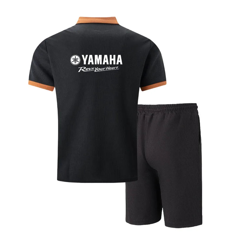 Yamaha Men's Multi-Color Waffle Knit Short Sleeve & Shorts Set, Casual Breathable Sweat-Absorbent Polo Outfit Daily Street Wear.
