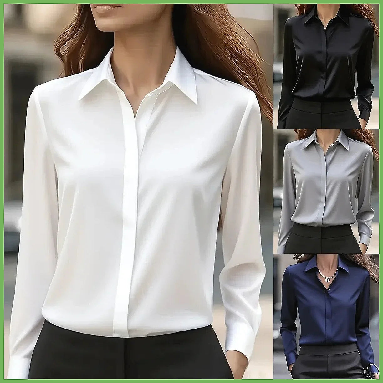 New Women's Office Blouse Long Sleeve Turn Down Collar Formal Shirt, Solid Colors Blue White Black Gray