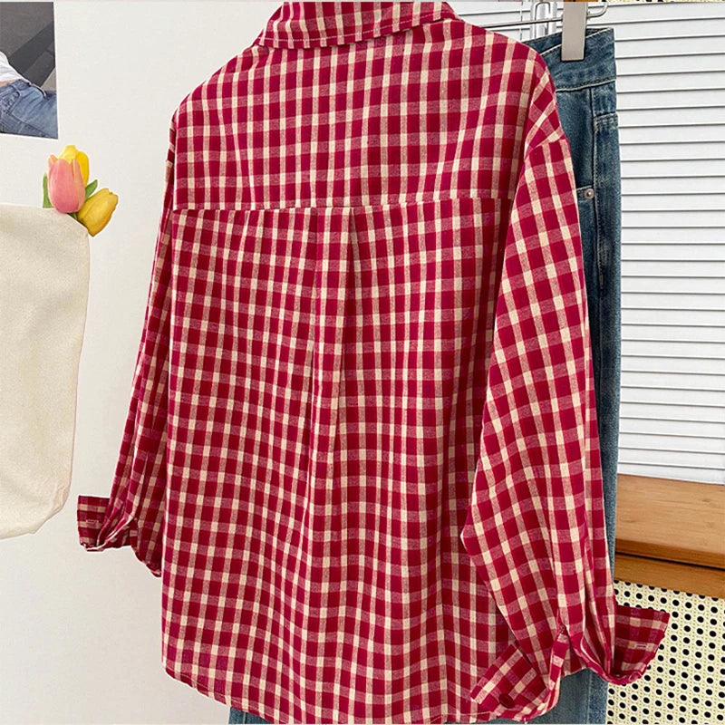Korean-style Vintage Plaid Shirt New Spring And Autumn Casual Versatile Top Loose And Slimming Versatile College-style Shirt