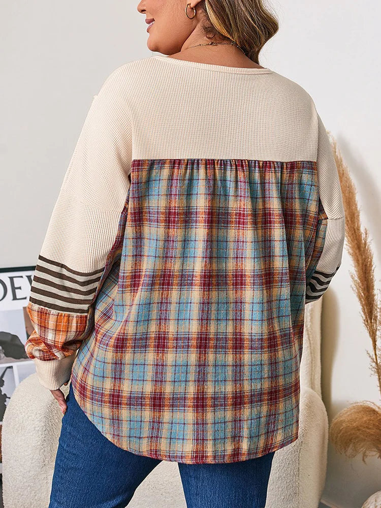 GIBSIE Plus Size Button Front O-Neck Plaid Sweatshirt Women Autumn 2025 New Drop Long Sleeve Loose Casual Pullover Tops