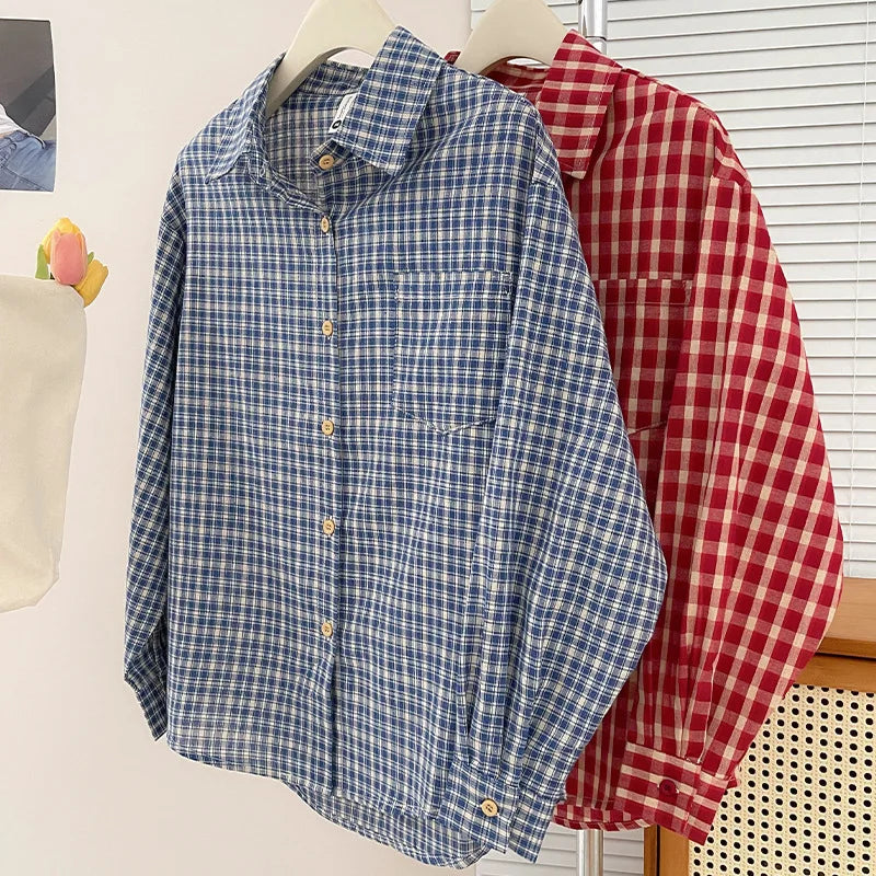 Korean-style Vintage Plaid Shirt New Spring And Autumn Casual Versatile Top Loose And Slimming Versatile College-style Shirt