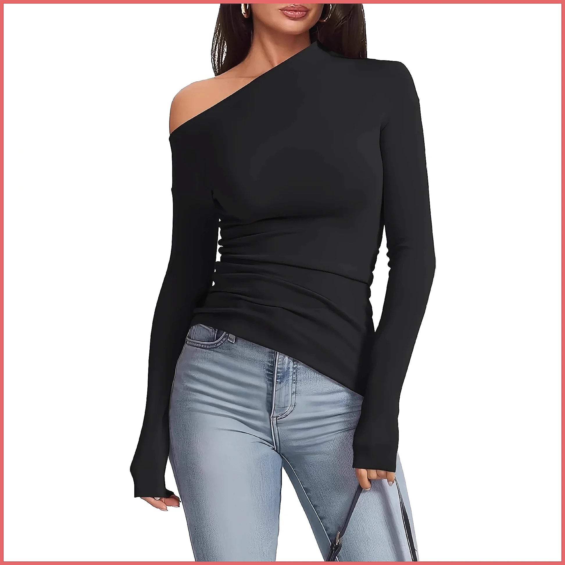 Off-Shoulder Long Sleeve T-Shirt Women, Slim Fit Solid Color Basic Top for Autumn Winter Casual Wear