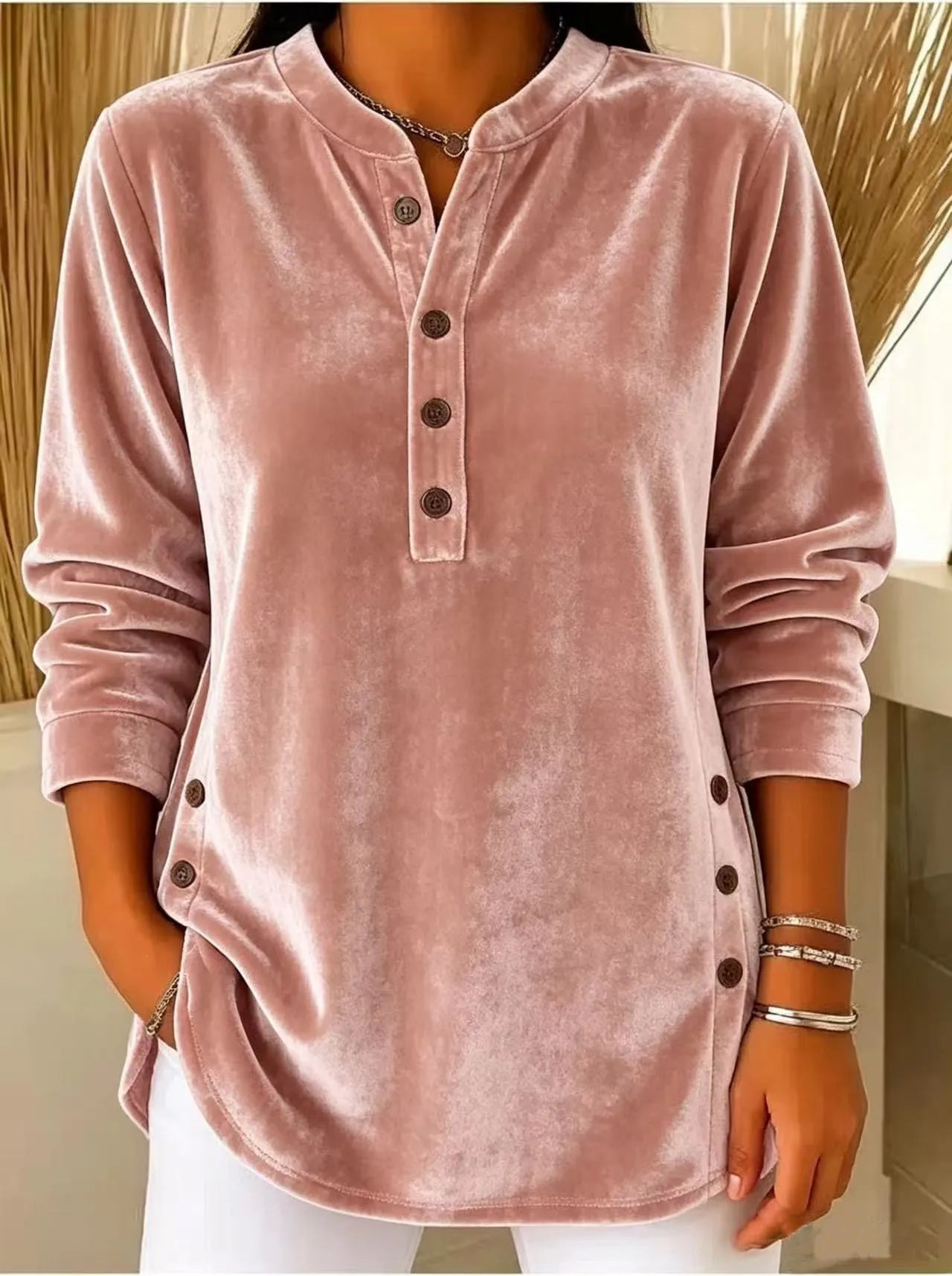 Women's Winter Blouse Longsleeve Velvet V Neck T Shirt Casual Split Hem Patchwork Top Light Blue Dusty Pink Lavender Purple