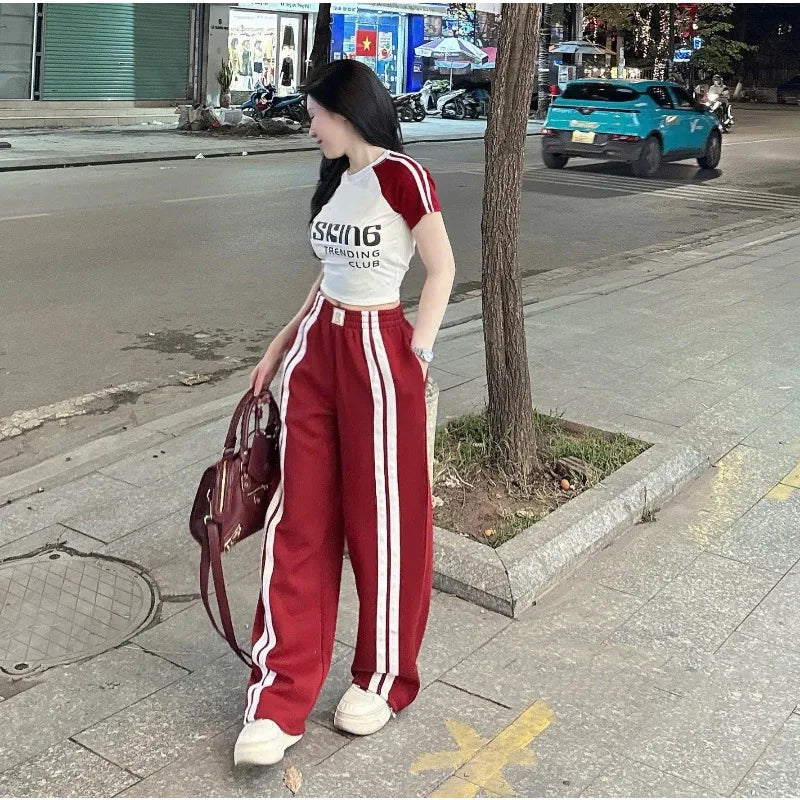 Fashion Suit Women's Summer New Shoulder Sleeves Short-sleeved T-shirt High Waist Wide Leg Pants Street Two-piece Set