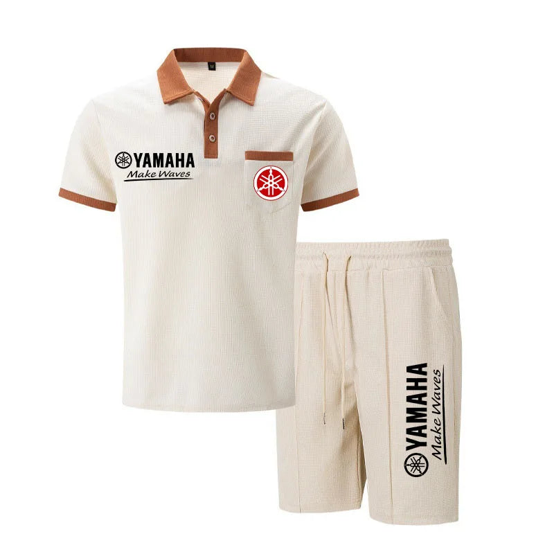Yamaha Men's Multi-Color Waffle Knit Short Sleeve & Shorts Set, Casual Breathable Sweat-Absorbent Polo Outfit Daily Street Wear.