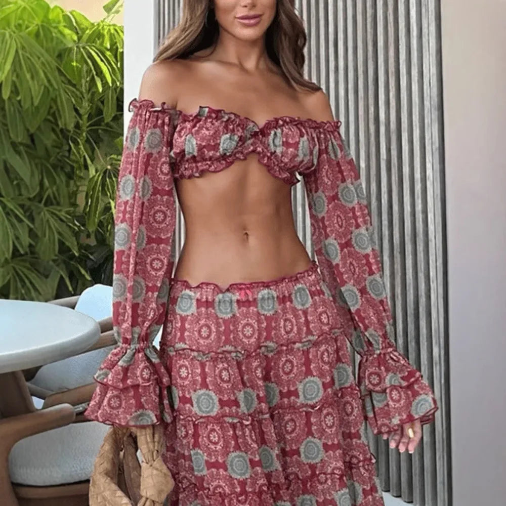 Vintage Print Skirt Two Piece Set Women Sexy Off Shoulder Cropped Top A-line Skirts 2 Piece Sets Fashion Vacation Style Clothing