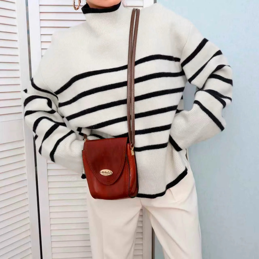 Women's Black and White Striped High Neck Sweater – Oversized Loose Fit Thick Knit Pullover, Long Sleeve Drop Shoulder Top for F