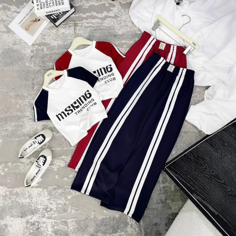 Fashion Suit Women's Summer New Shoulder Sleeves Short-sleeved T-shirt High Waist Wide Leg Pants Street Two-piece Set