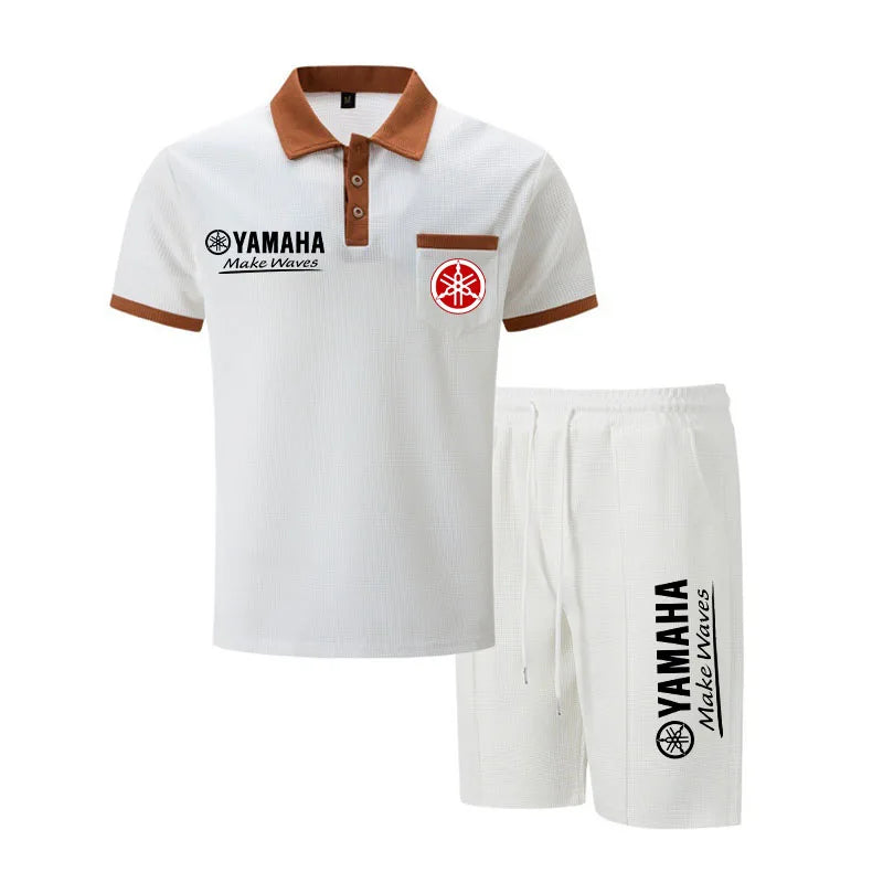 Yamaha Men's Multi-Color Waffle Knit Short Sleeve & Shorts Set, Casual Breathable Sweat-Absorbent Polo Outfit Daily Street Wear.