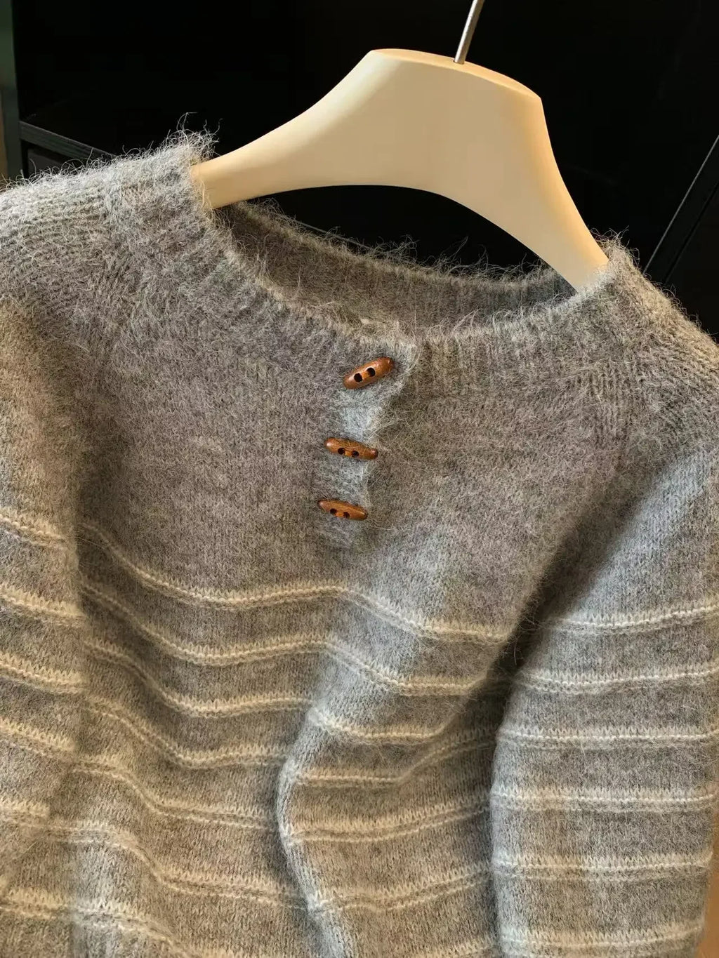 Autumn Winter Women's Striped Wool Cashmere Sweater, Loose Warm Knitted Pullover Base Shirt