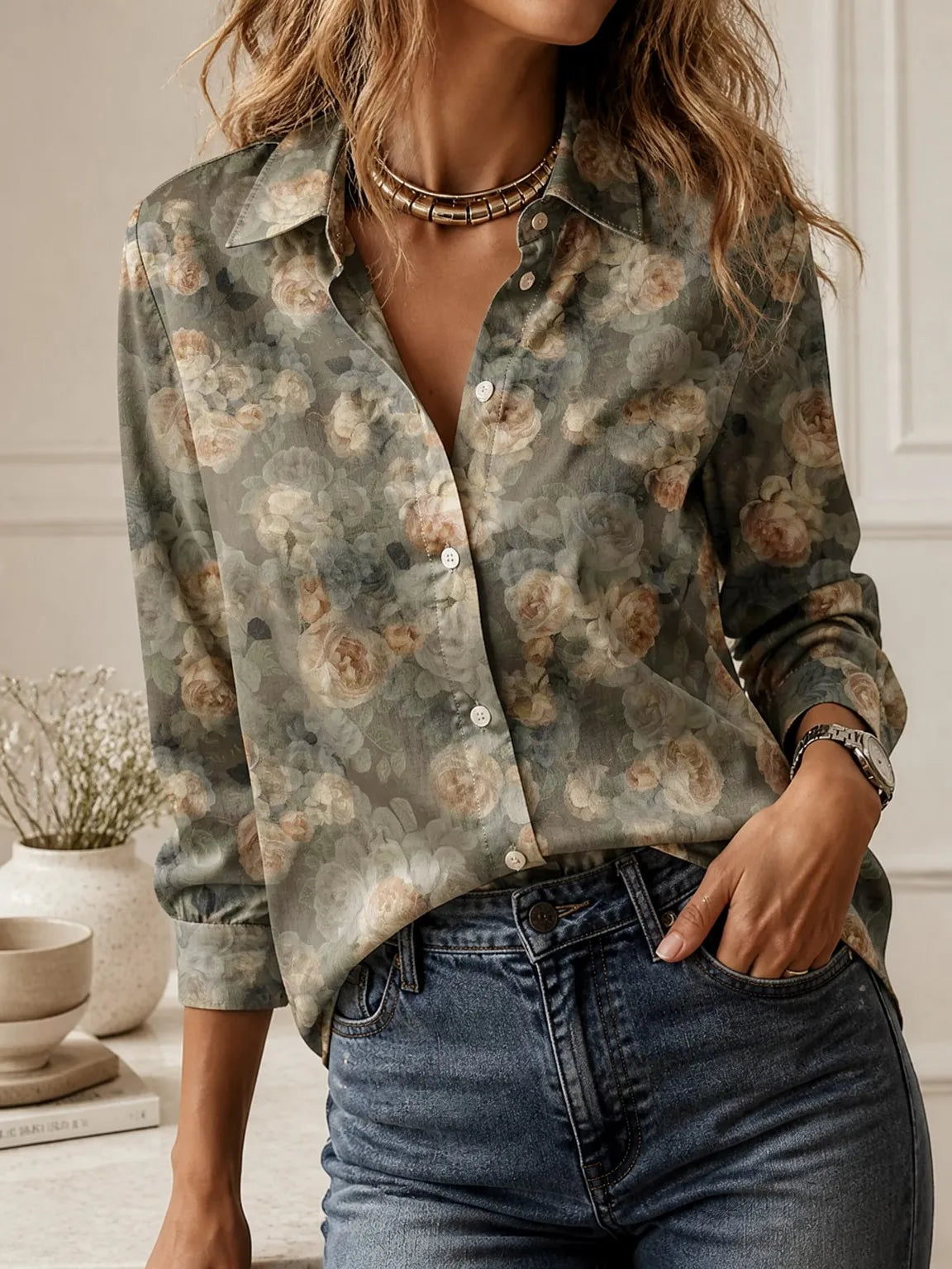 Casual All-match Collared Blouse, Women Long Sleeve Loose Fit Elegant Outdoor Daily Commuter Top