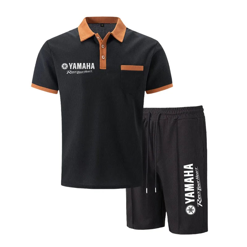 Yamaha Men's Multi-Color Waffle Knit Short Sleeve & Shorts Set, Casual Breathable Sweat-Absorbent Polo Outfit Daily Street Wear.