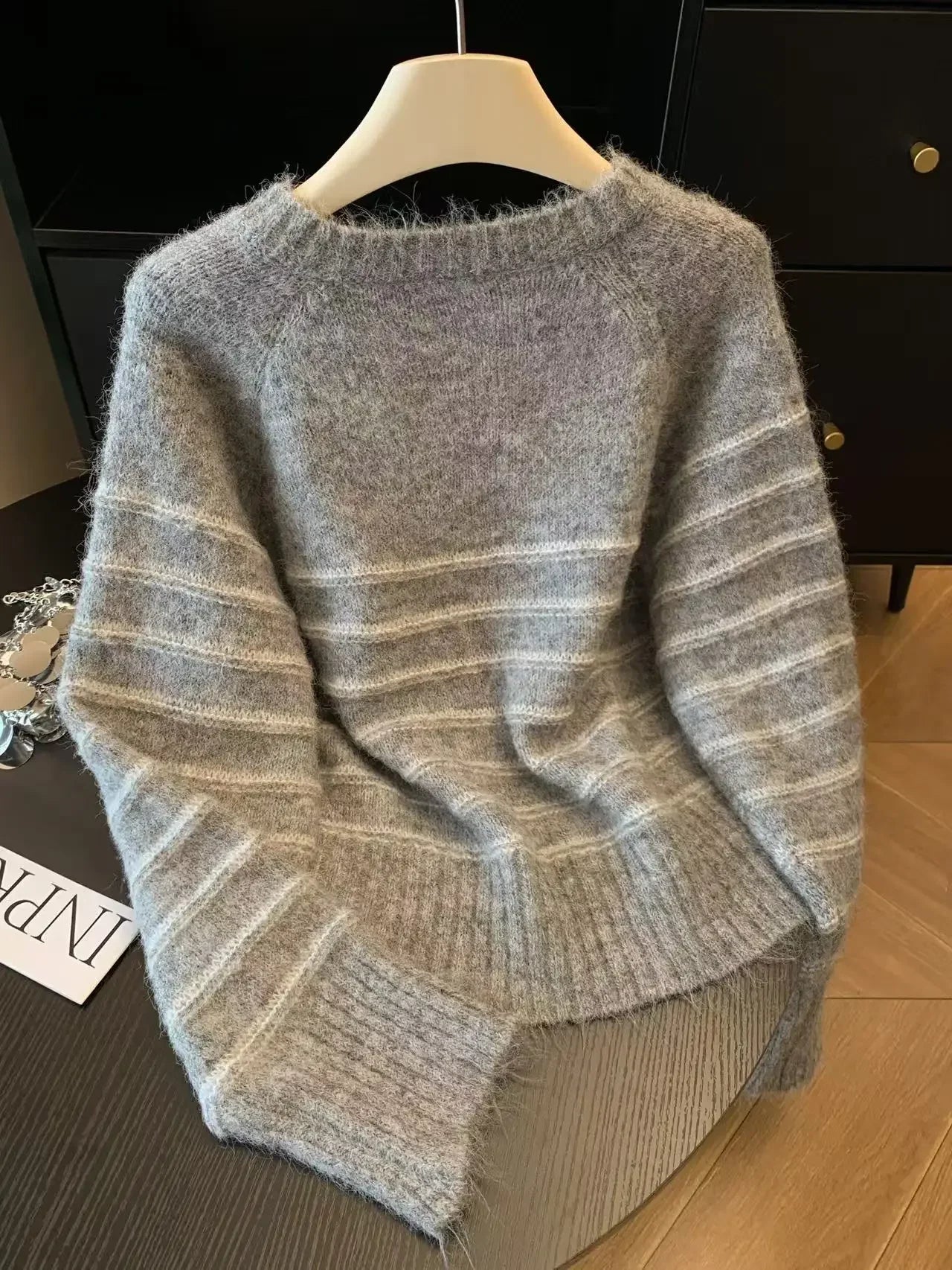 Autumn Winter Women's Striped Wool Cashmere Sweater, Loose Warm Knitted Pullover Base Shirt