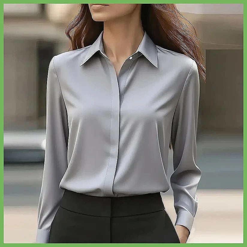 New Women's Office Blouse Long Sleeve Turn Down Collar Formal Shirt, Solid Colors Blue White Black Gray