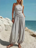 Fashion Slanted Shoulder Sleeveless Women's Tops Trousers 2 Piece Set Summer Casual Loose Wide-leg Trousers Female Vacation Set