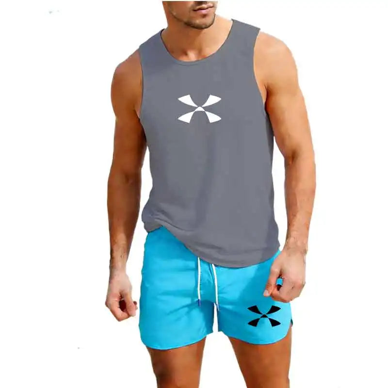 Outdoor Jogging Sportswear Men's Vest+Shorts 2-Piece Summer Casual Fashion Trend Set Beach Surfing Men's Suit European size