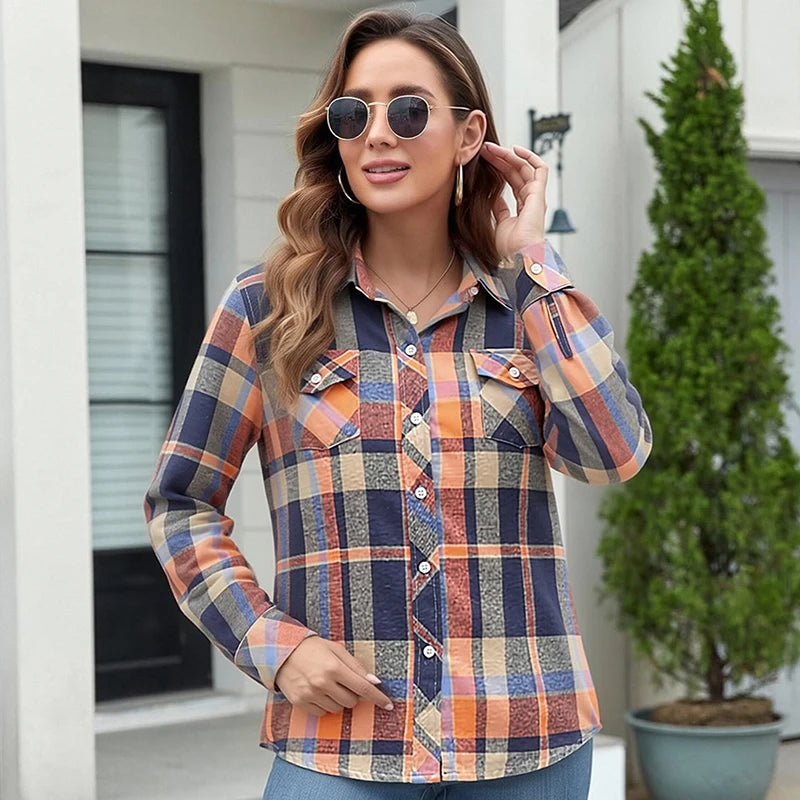 Women's Plaid Flannel Shirt Casual Long Sleeve Button Down Blouse Loose Fit Plaid Top For Spring Fall Daily Wear