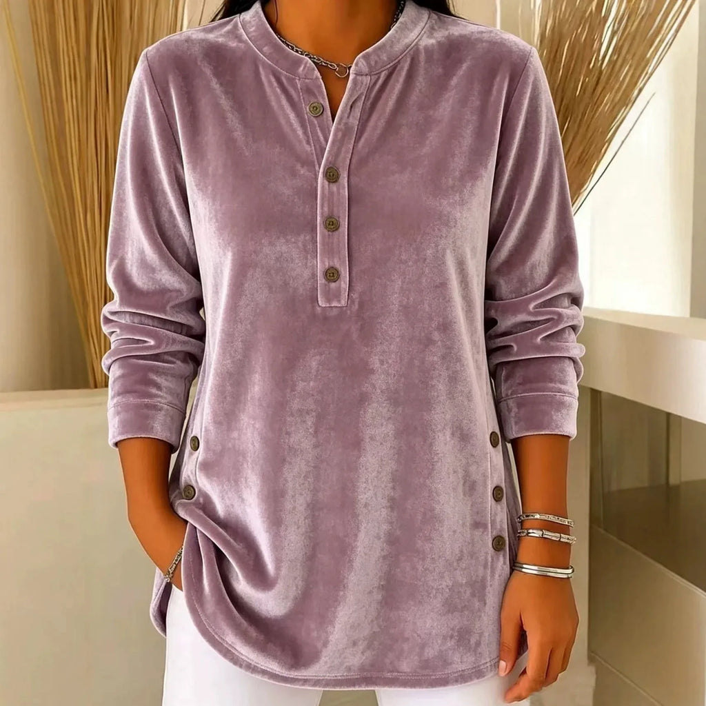 Women's Winter Blouse Longsleeve Velvet V Neck T Shirt Casual Split Hem Patchwork Top Light Blue Dusty Pink Lavender Purple