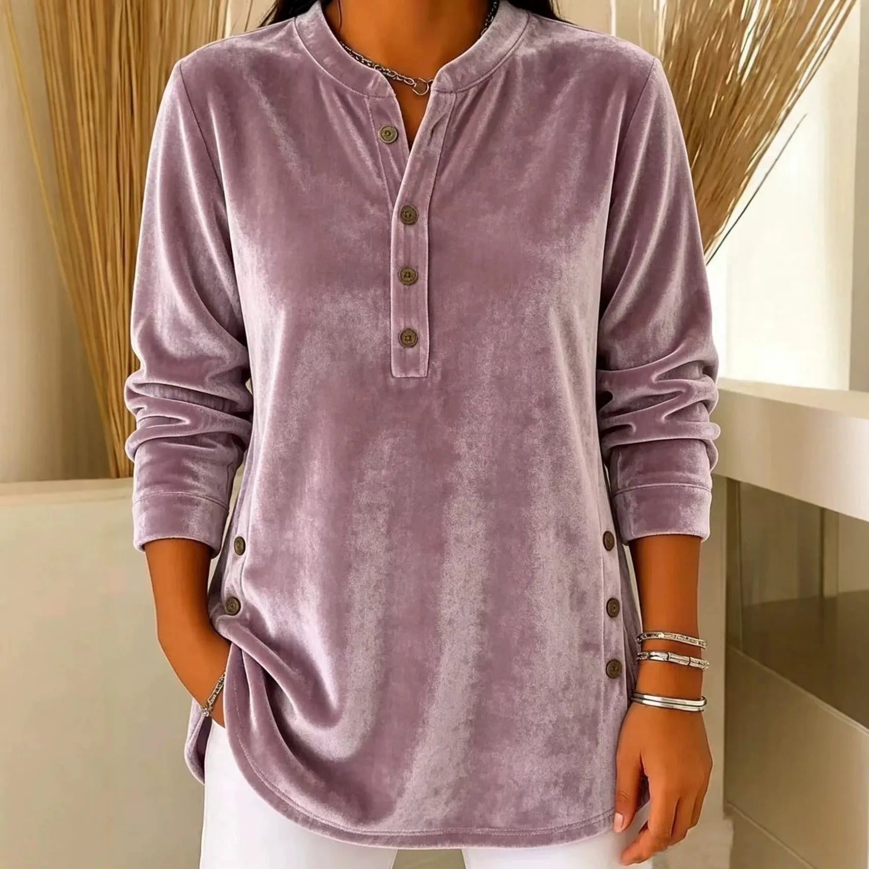 Women's Winter Blouse Longsleeve Velvet V Neck T Shirt Casual Split Hem Patchwork Top Light Blue Dusty Pink Lavender Purple