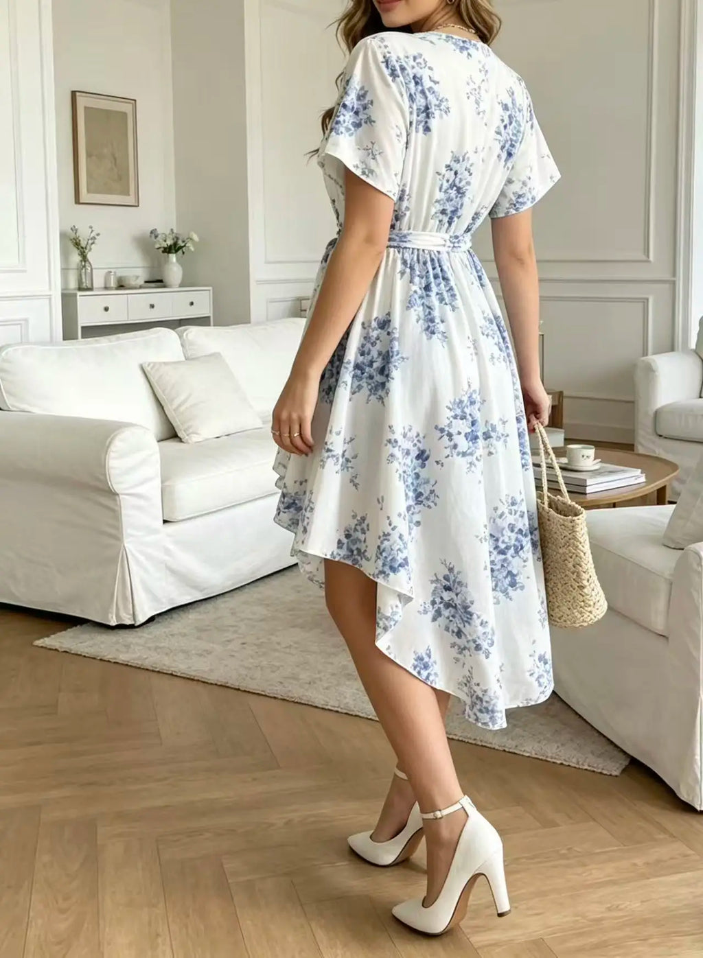 Plus Size Women's Summer New Blue and White Porcelain Style Irregular Cardigan Top V-Neck Waist Tie Cinch Shirt