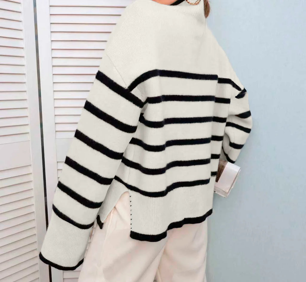 Women's Black and White Striped High Neck Sweater – Oversized Loose Fit Thick Knit Pullover, Long Sleeve Drop Shoulder Top for F