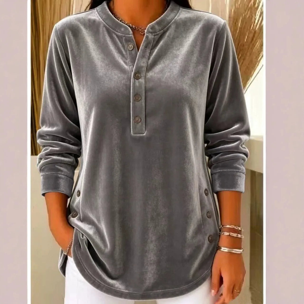 Women's Winter Blouse Longsleeve Velvet V Neck T Shirt Casual Split Hem Patchwork Top Light Blue Dusty Pink Lavender Purple