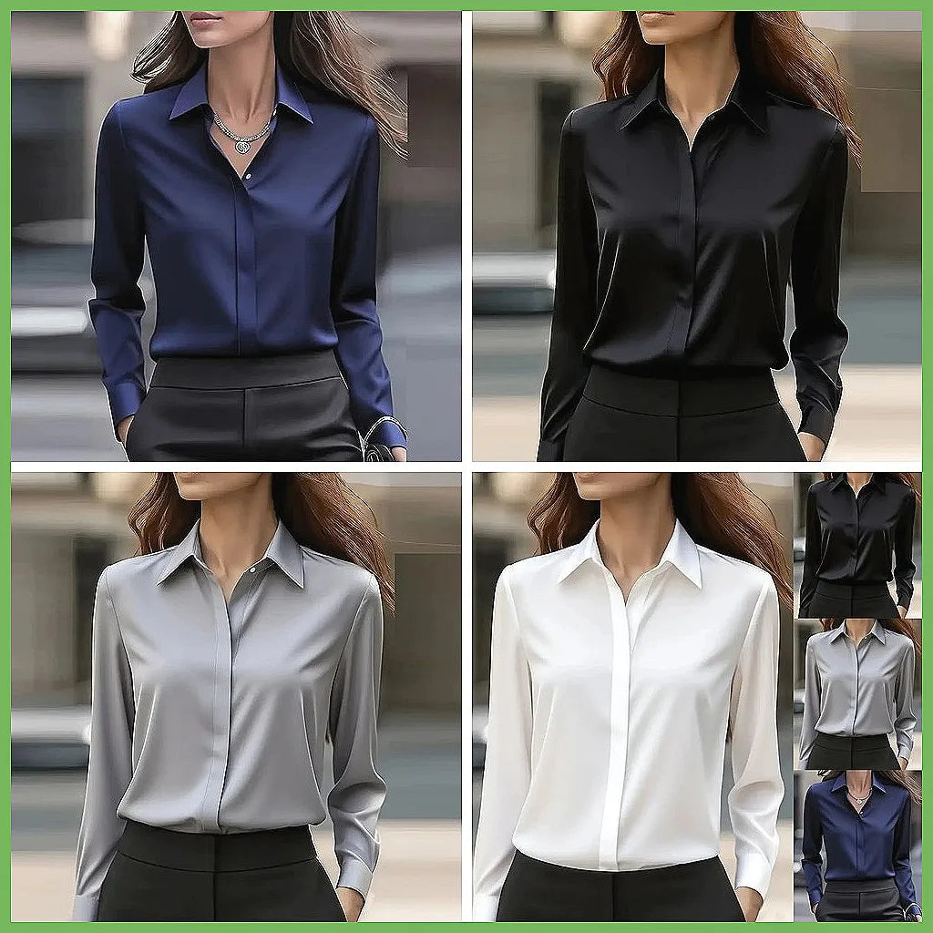 New Women's Office Blouse Long Sleeve Turn Down Collar Formal Shirt, Solid Colors Blue White Black Gray