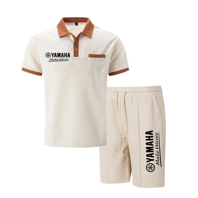 Yamaha Men's Multi-Color Waffle Knit Short Sleeve & Shorts Set, Casual Breathable Sweat-Absorbent Polo Outfit Daily Street Wear.