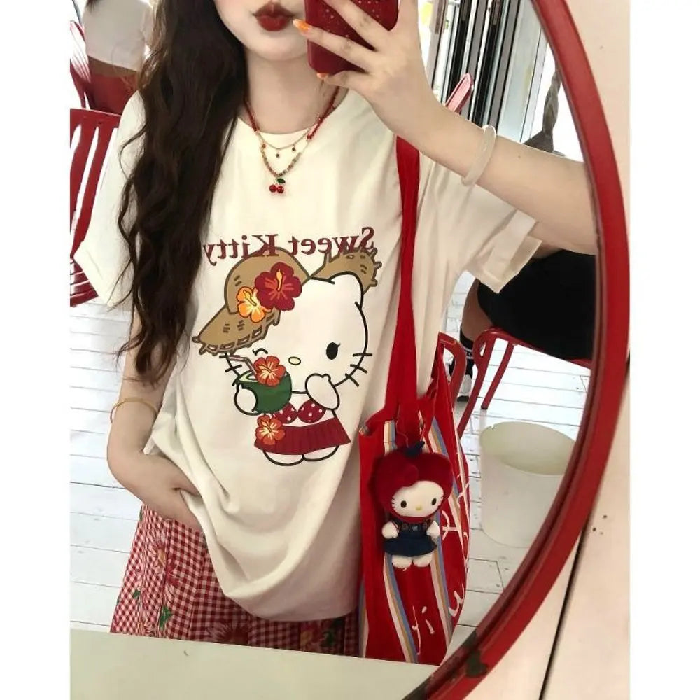 Short-Sleeved T-Shirt Summer New Hello Kitty Printed Cartoon Cute Sanrio Half-Sleeved T-Shirt Pure Cotton Shirt Women's Tops