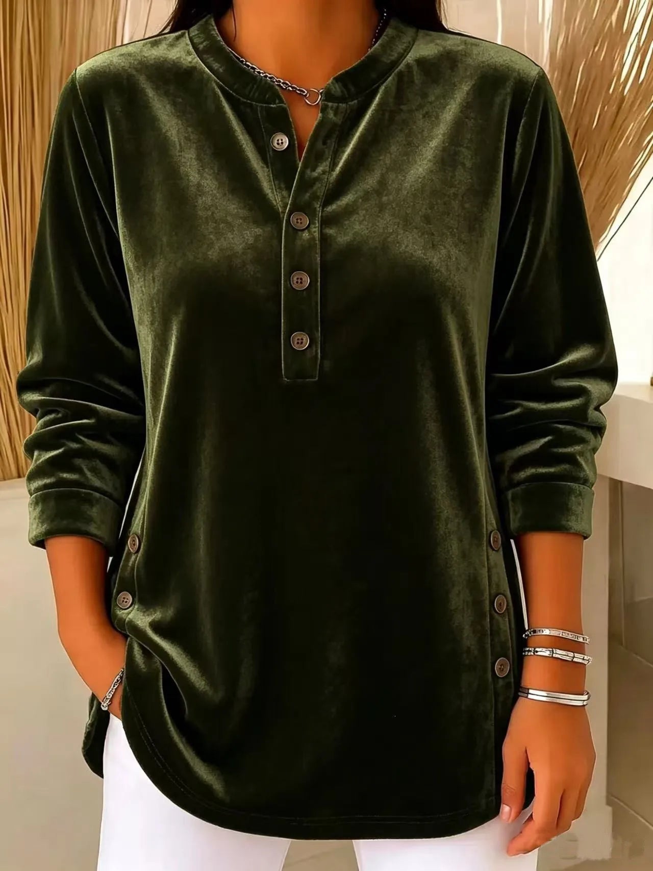 Women's Winter Blouse Longsleeve Velvet V Neck T Shirt Casual Split Hem Patchwork Top Light Blue Dusty Pink Lavender Purple