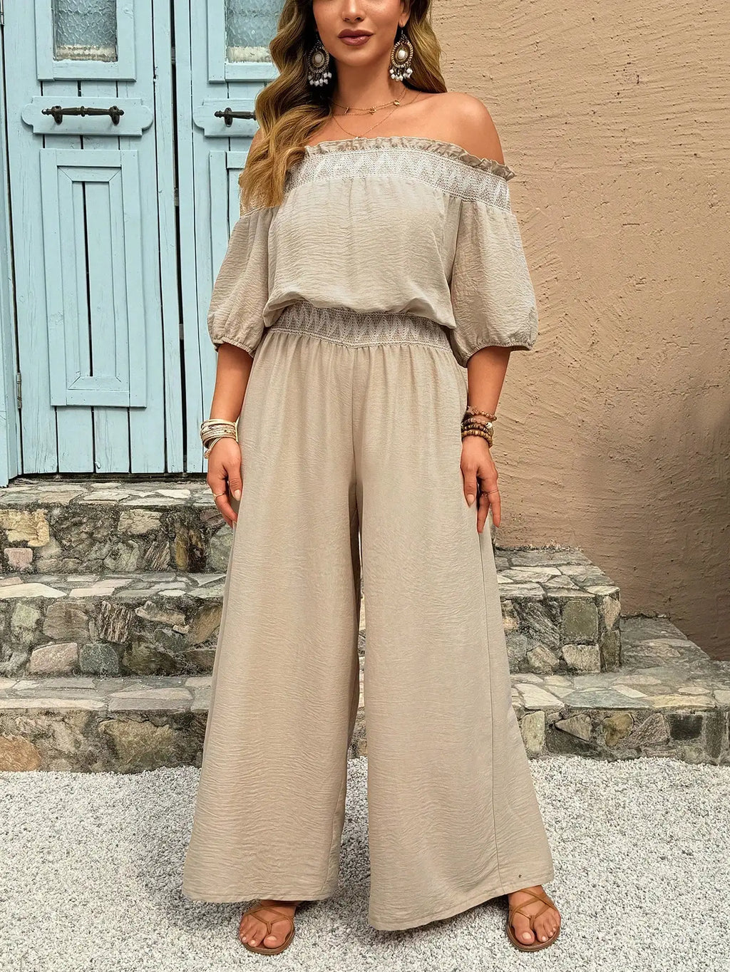 Women's Off-Shoulder Wide Leg Jumpsuit - Beige Textured Fabric with Lace Waistband for Summer & Resort Wear