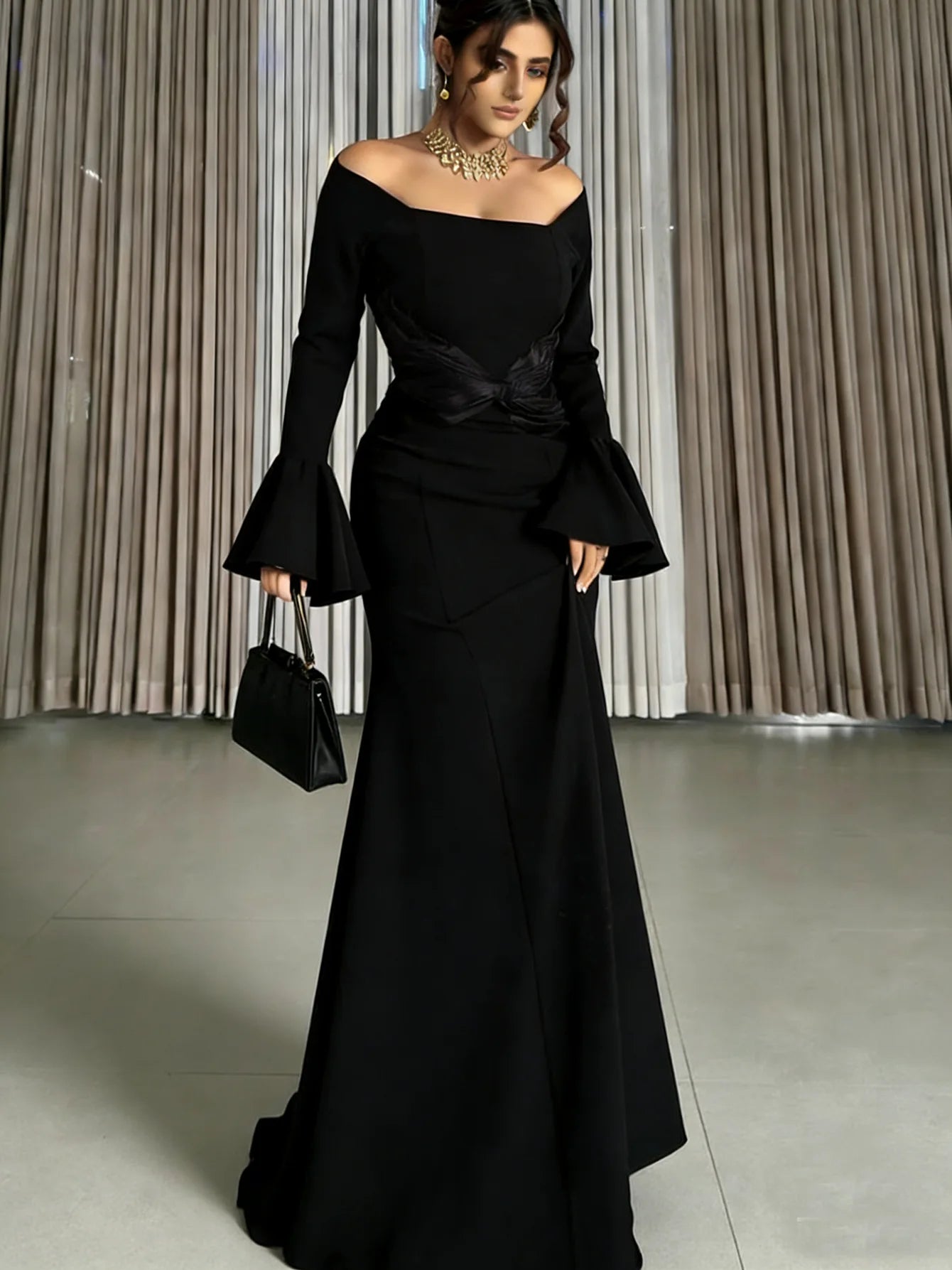 Women's Off Shoulder Mermaid Evening Dress Long Flare Sleeve Formal Party Gown
