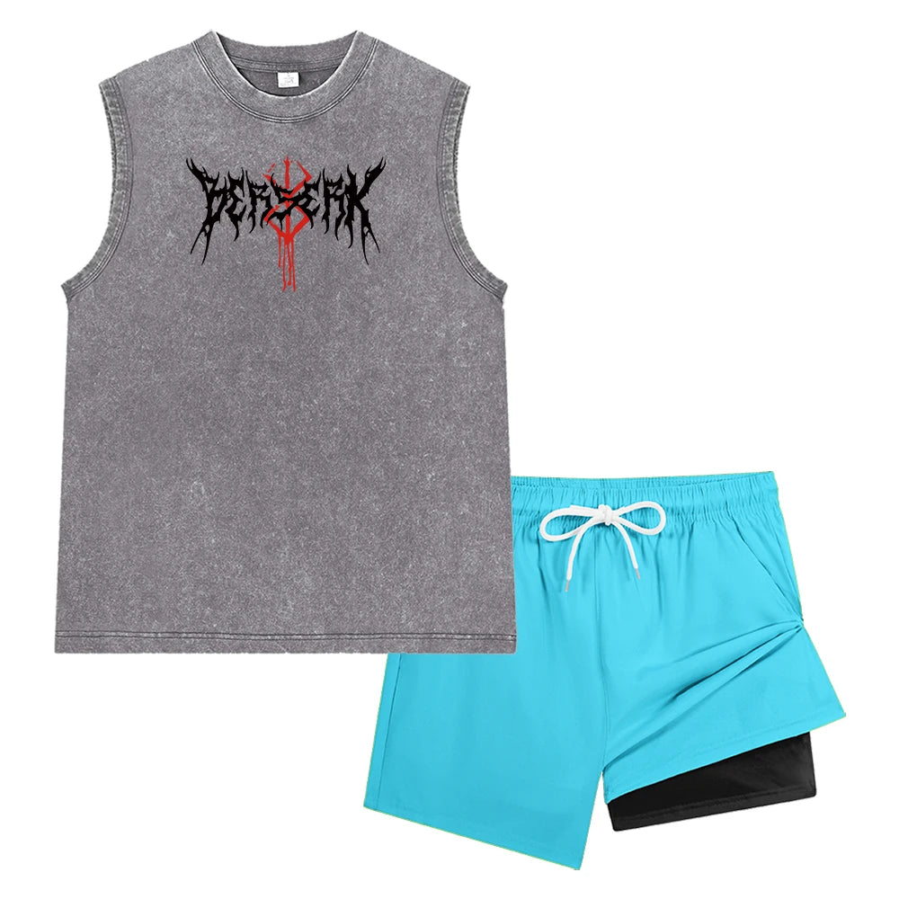 Men Vintage Washed Sleeveless Tank Top Double Layer Compression Liner Drawstring Beach Shorts Spiky Blackmetal Typography Print