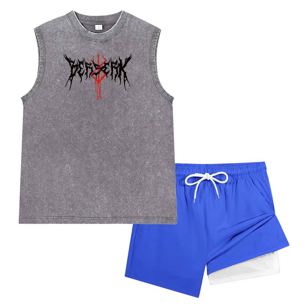 Men Vintage Washed Sleeveless Tank Top Double Layer Compression Liner Drawstring Beach Shorts Spiky Blackmetal Typography Print