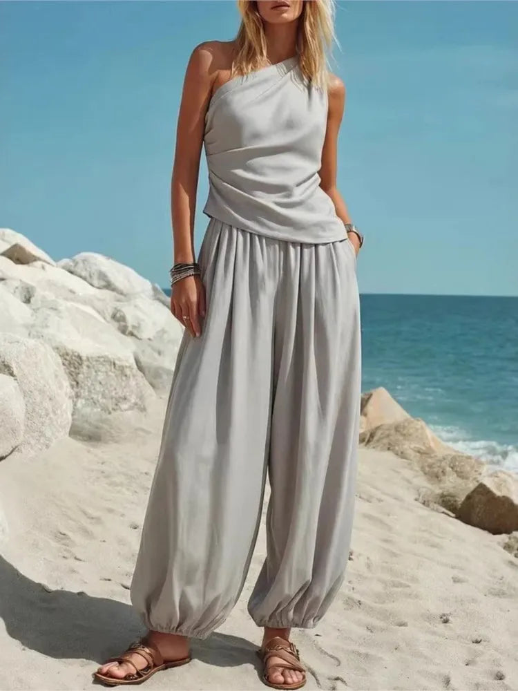 Fashion Slanted Shoulder Sleeveless Women's Tops Trousers 2 Piece Set Summer Casual Loose Wide-leg Trousers Female Vacation Set