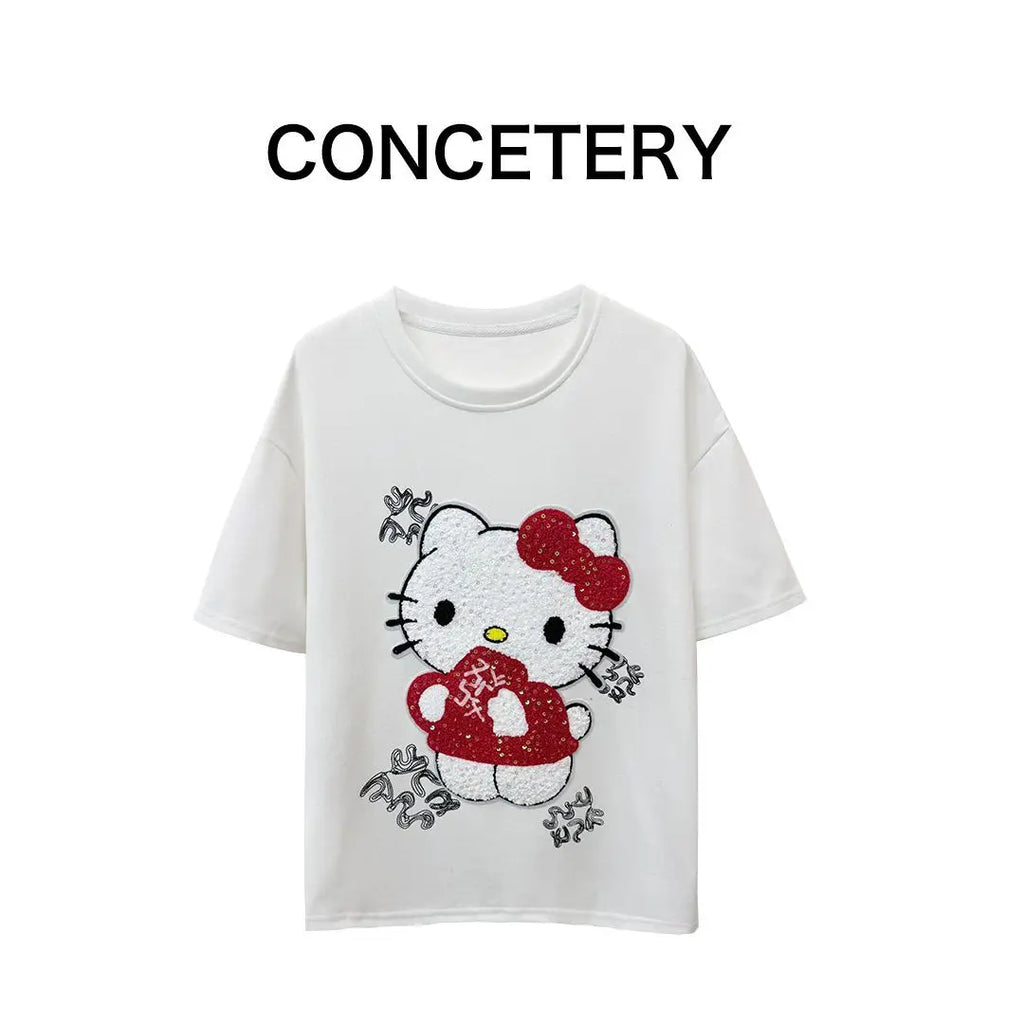 Cute Short-Sleeved Hello Kitty Summer New Style Cartoon Sequined Towel Embroidered T-Shirt for Women Popular Tops Fashionabl