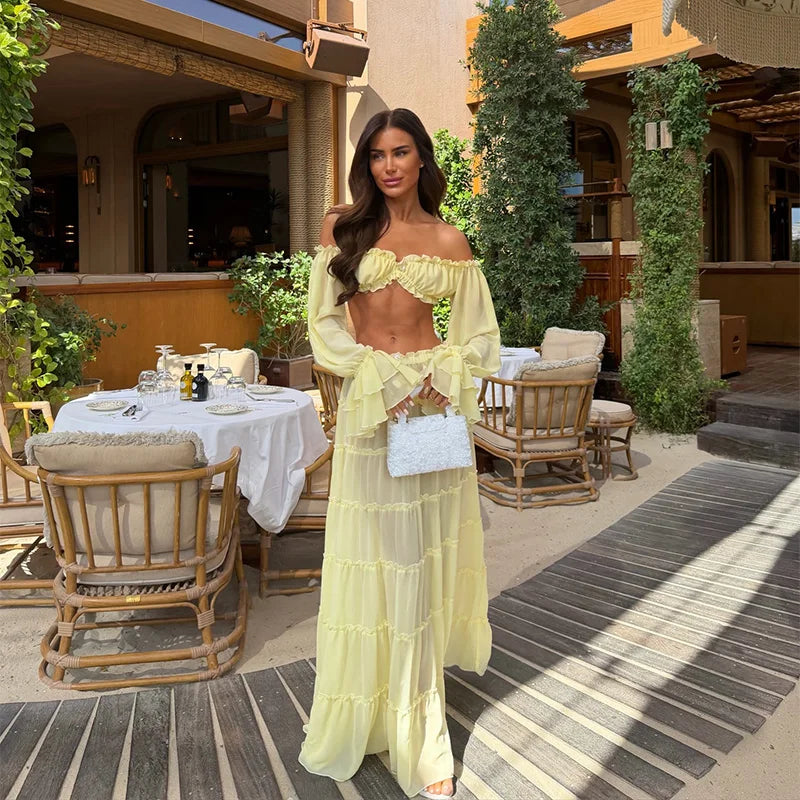Elegant Yellow Off Shoulder 2 Piece Set Women Ruffled Sheer Chiffon Crop Top High Waist Maxi Skirt Summer Beach Vacation Outfit