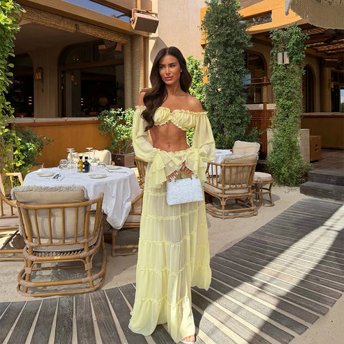 Elegant Yellow Off Shoulder 2 Piece Set Women Ruffled Sheer Chiffon Crop Top High Waist Maxi Skirt Summer Beach Vacation Outfit