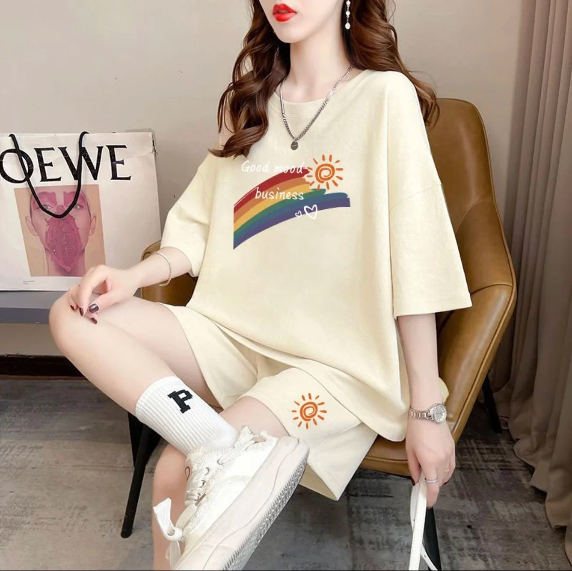 Fashion women's summer shorts set, sportswear, oversized short sleeved T-shirt, 2-piece set, sportswear, women's casual clothing