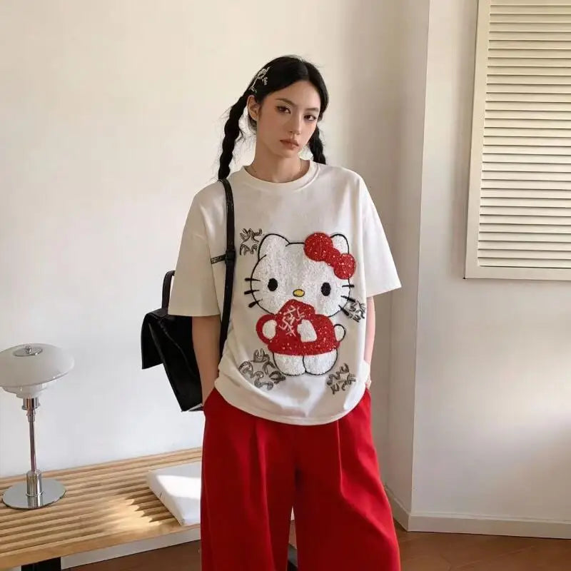 Cute Short-Sleeved Hello Kitty Summer New Style Cartoon Sequined Towel Embroidered T-Shirt for Women Popular Tops Fashionabl