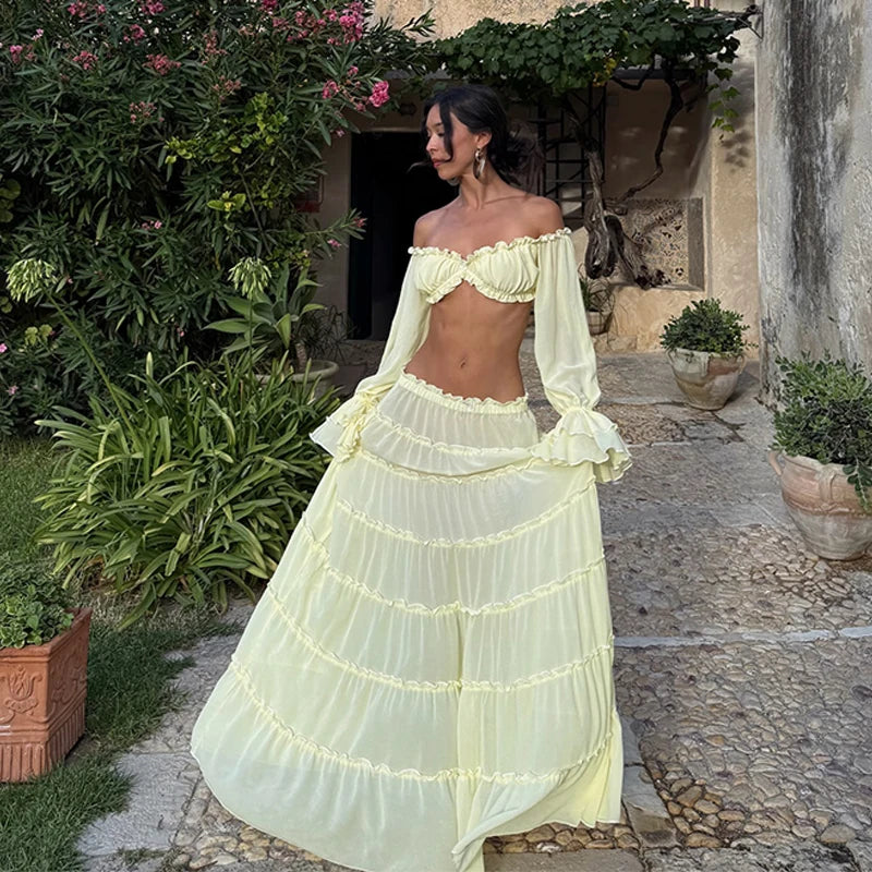 Elegant Yellow Off Shoulder 2 Piece Set Women Ruffled Sheer Chiffon Crop Top High Waist Maxi Skirt Summer Beach Vacation Outfit