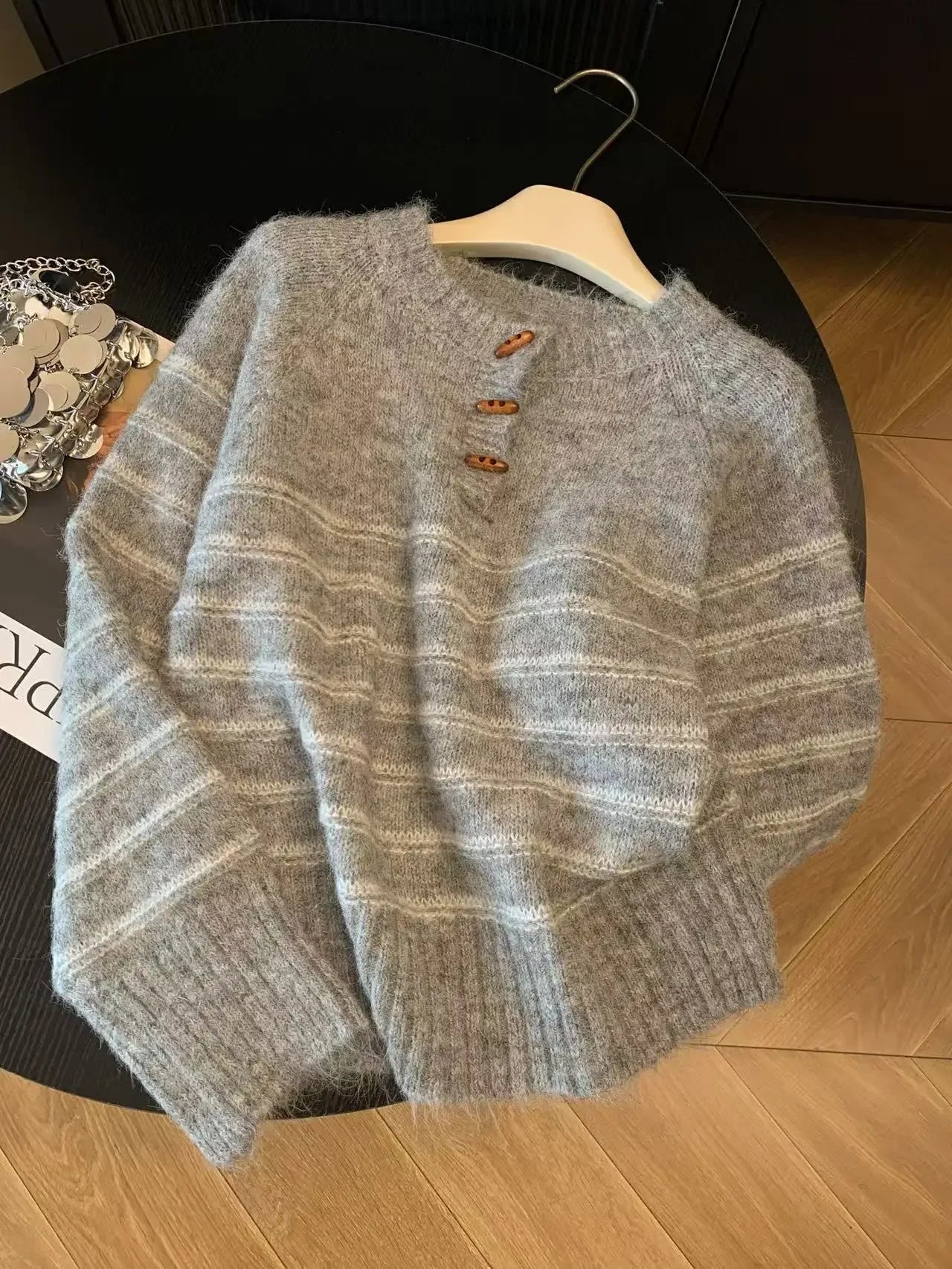Autumn Winter Women's Striped Wool Cashmere Sweater, Loose Warm Knitted Pullover Base Shirt