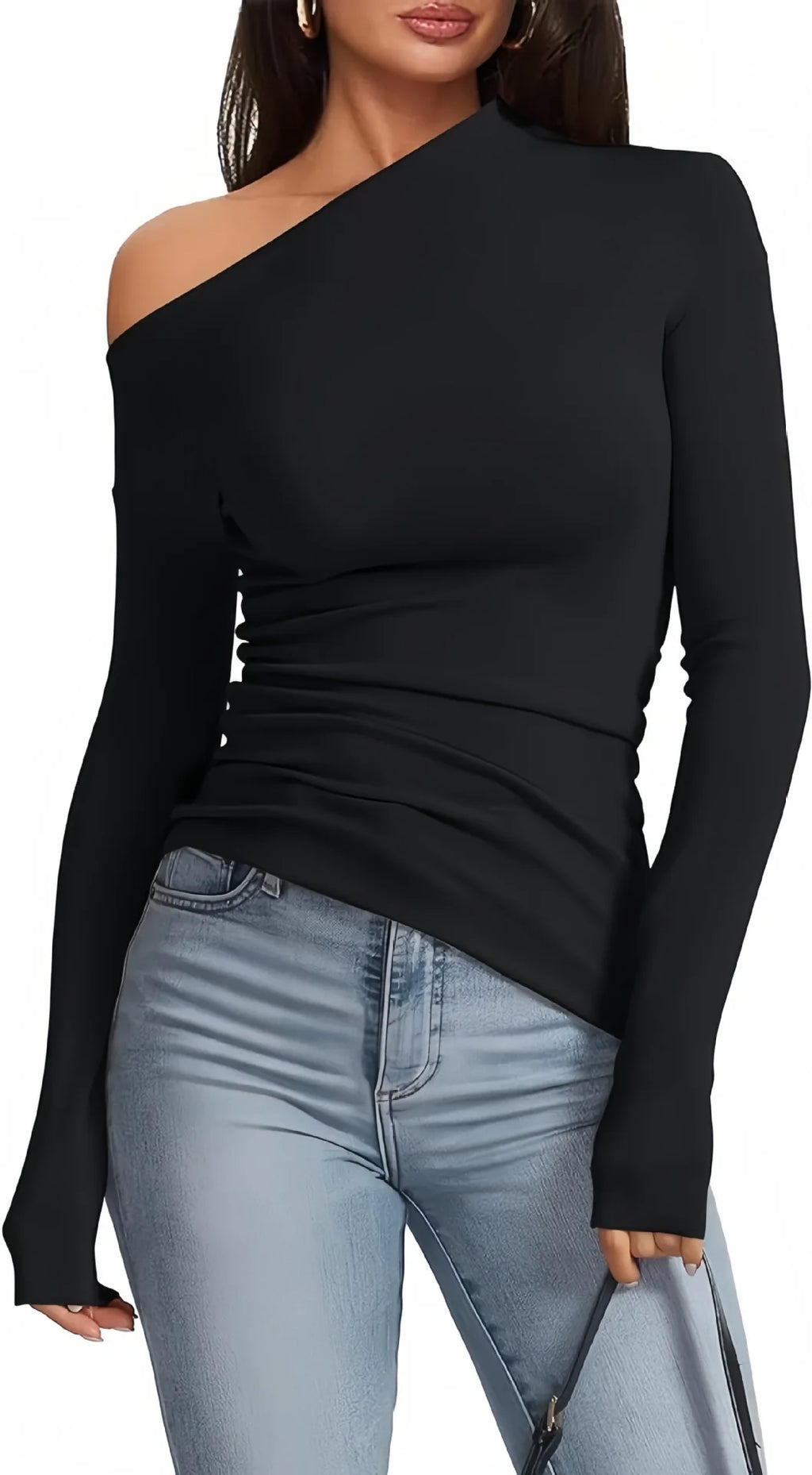 Off-Shoulder Long Sleeve T-Shirt Women, Slim Fit Solid Color Basic Top for Autumn Winter Casual Wear