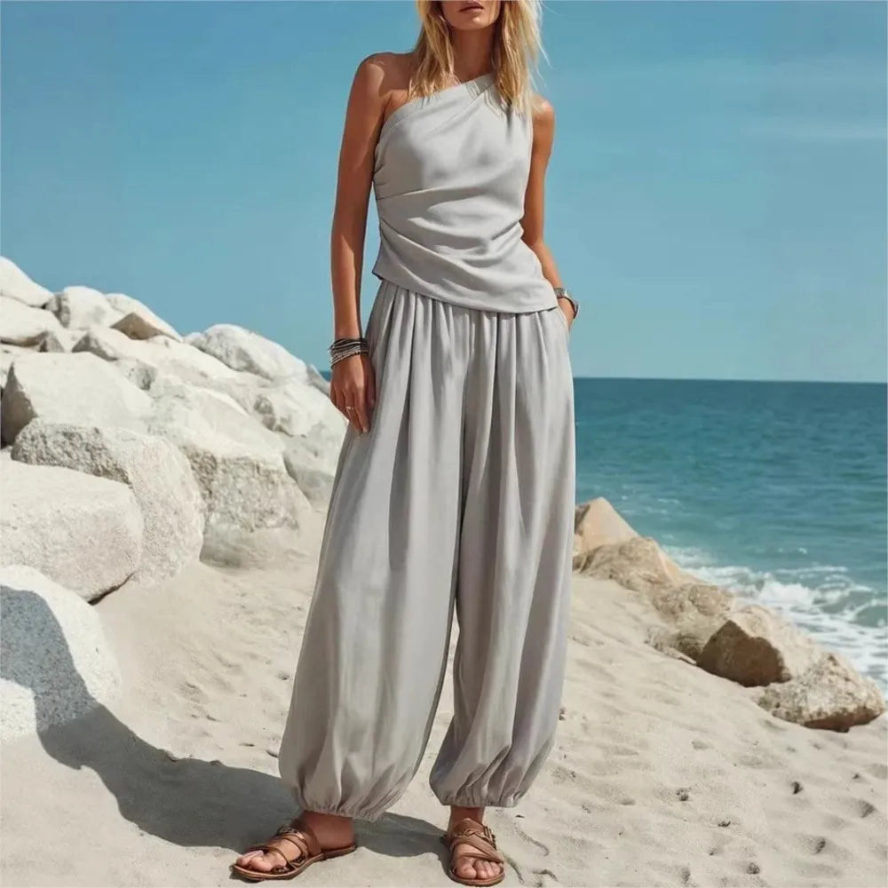 Fashion Slanted Shoulder Sleeveless Women's Tops Trousers 2 Piece Set Summer Casual Loose Wide-leg Trousers Female Vacation Set